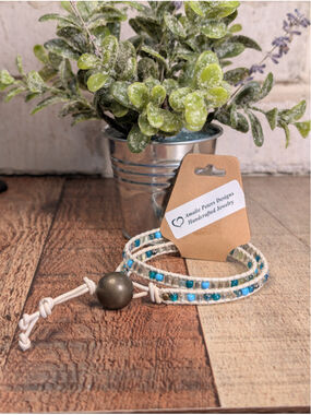 NEW Artisan L Boho Double Wrap Blue Beaded White Knotted Leather Button Bracelet